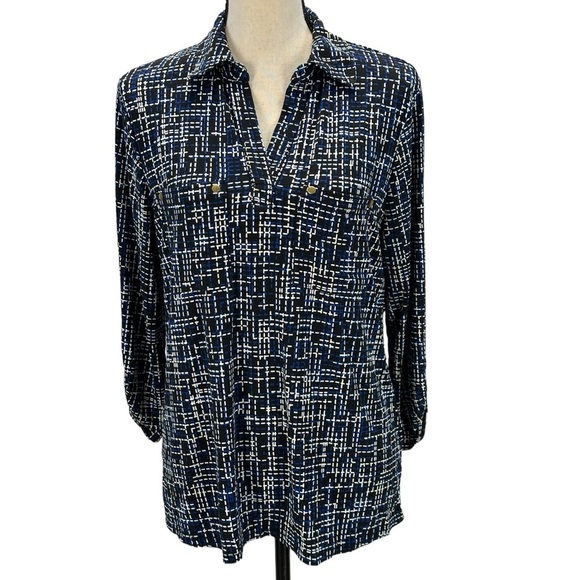 NY Collection 3/4 Roll Tab Sleeve Button Down Blouse - Blue Black White -size PL - Picture 1 of 10